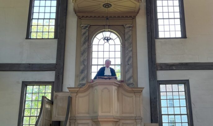 Donald Friary gives a rousing revolutionary sermon, as Reverand Oliver Noble, at the Rocky Hill Meeting House