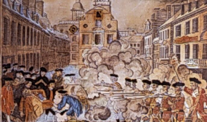 An illustration of the Boston Massacre with a line of British soldiers firing into a crowd on the street.