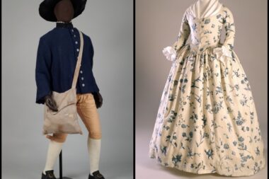 An image showing a Revolutionary War soldier's uniform and a white and blue dress.