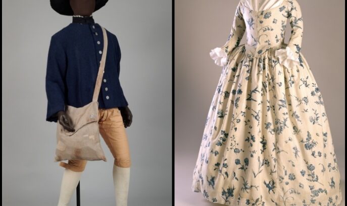 An image showing a Revolutionary War soldier's uniform and a white and blue dress.